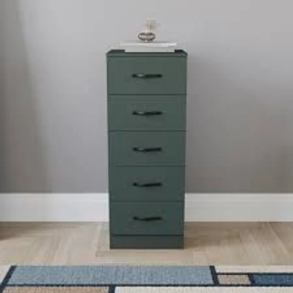 BOXED VIDA DESIGNS RIANO 5 DRAWER NARROW CHEST - GREEN