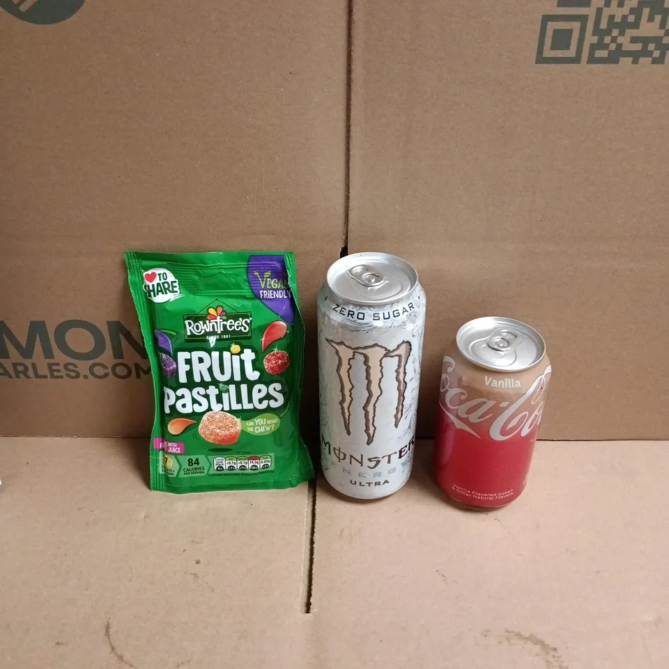 APPROXIMATELY 12 ASSORTED FOOD AND DRINKS ITEMS TO INCLUDE - FRUIT PASTILLES, MONSTER ULTRA WHITE, COCA-COLA VANILLA ETC 