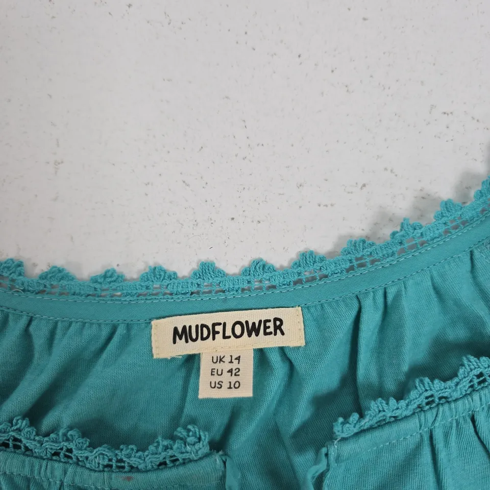 MUDFLOWER WOMEN'S TURQUOISE TOP WITH LACE TRIM AND DRAWSTRING TASSELS – UK 14 (EU 42, US 10)