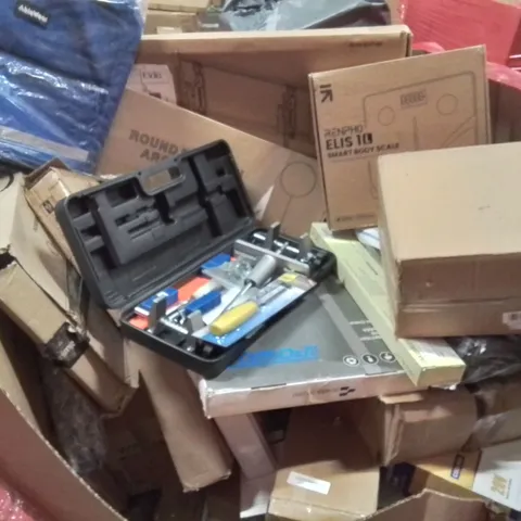 PALLET CONTAINING VARIOUS ASSORTED BOXED HOUSEHOLD ITEMS TO INCLUDE: SELECTION OF TOOLS, MOBILTY SCOOTER BAG, SMART BODY SCALE, WALL MOUNTED TV BRACKET AND LOTS MORE UNMARKED BOXED ITEMS 