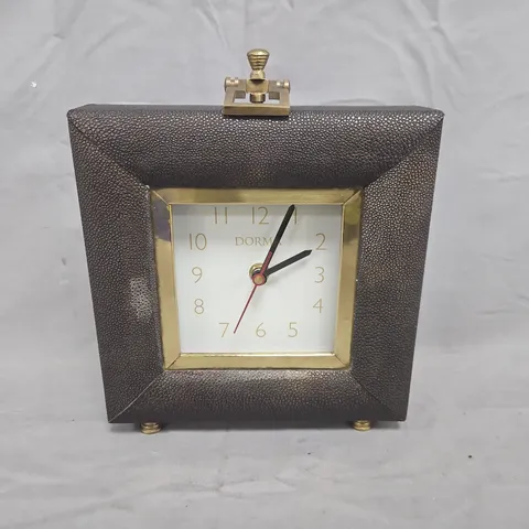 DORMA DESK CLOCK IN LEATHER-TEXTURED FRAME – SQUARE GOLD BEZEL