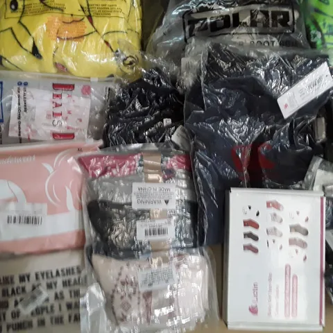 LARGE QUANTITY OF ASSORTED CLOTHING ITEMS TO INCLUDE KIDS FOOTBALL BOOTS, SOCKS, JEWLERY ECT