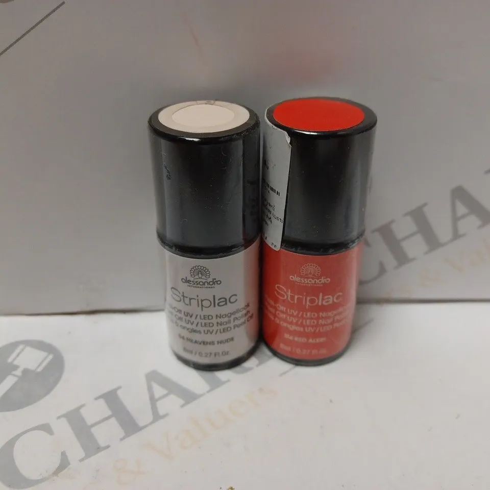 BOX OF APPROXIMATELY 75 X 8ML VIALS OF ALESSANDRO STRIPLAC NAIL POLISH IN HEAVENS NUDE, RED ALERT