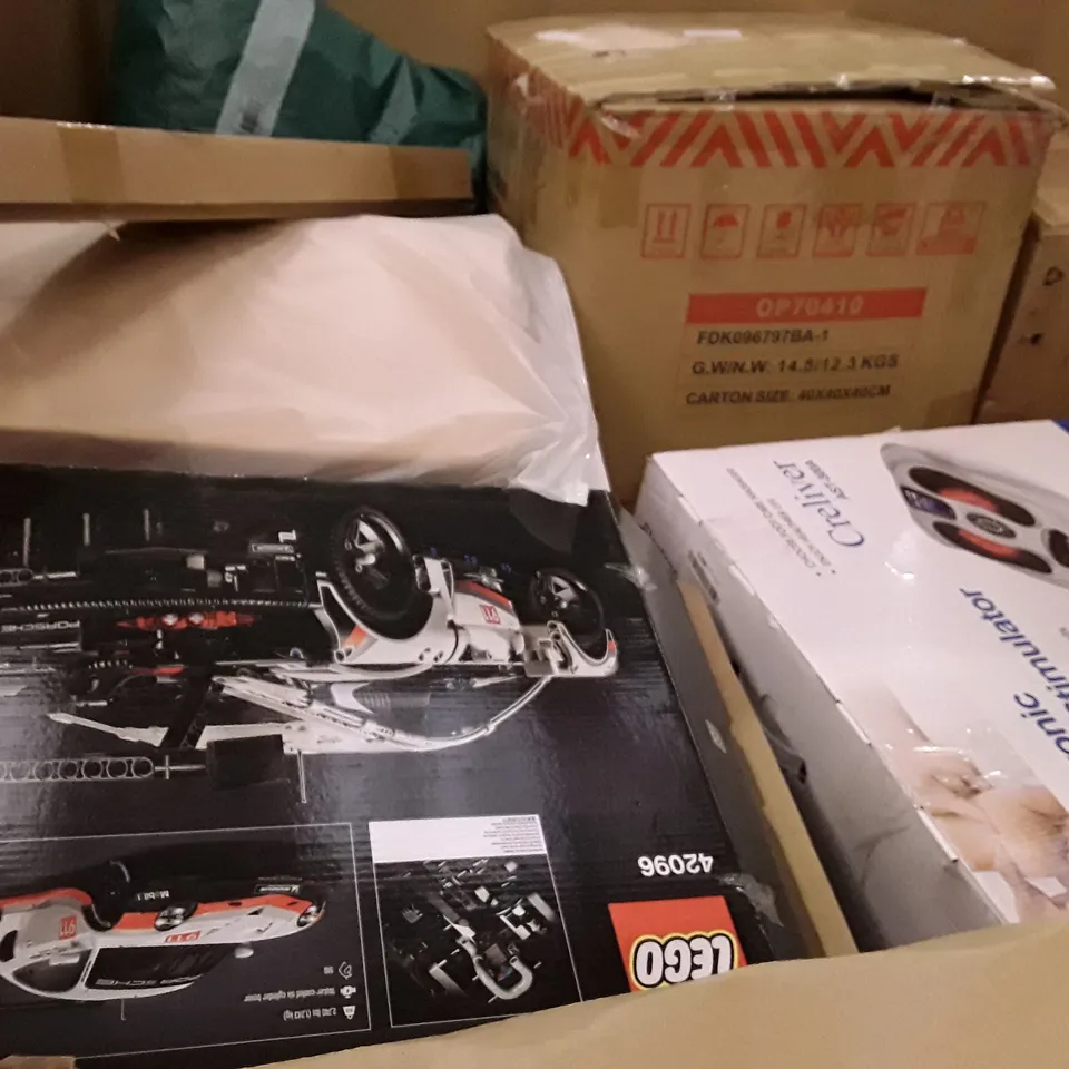PALLET OF ASSORTED PRODUCTS INCLUDING AUDIO TURNTABLE, LAPTOP STAND, SCREEN PROTECTOR, A4 PAPER SHREDDER, ELECTRIC MUSCLE STIMULATOR, LEGO PORSCHE 911 RSR