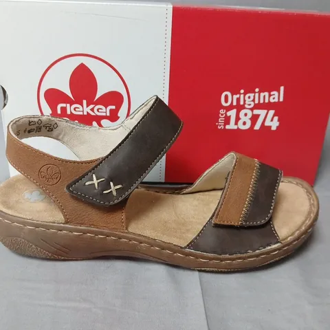 BOXED PAIR OF RIEKER WOMEN'S DOUBLE STRAP SANDALS IN BROWN/TAN - UK 6