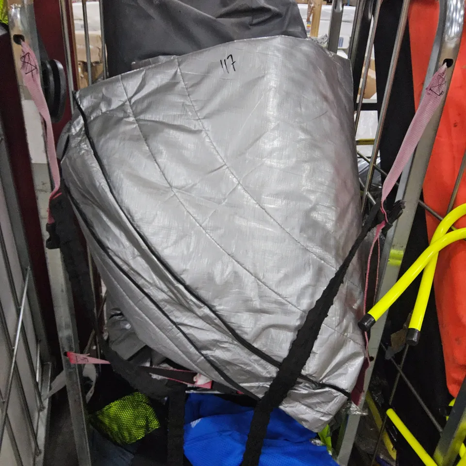 CAGE OF ASSORTED SPORTS EQUIPMENT PARTS (CAGE NOT INCLUDED)