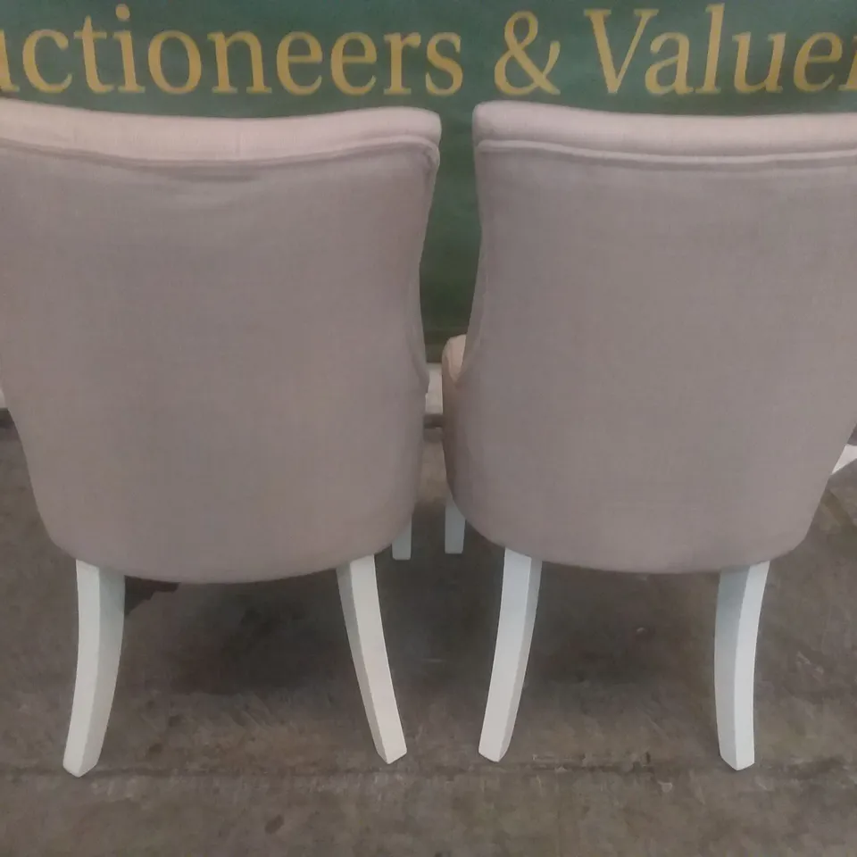 SET OF 2 NEW DUKE OATMEAL FABRIC BUTTON BACK DINING CHAIRS (WHITE LEG)