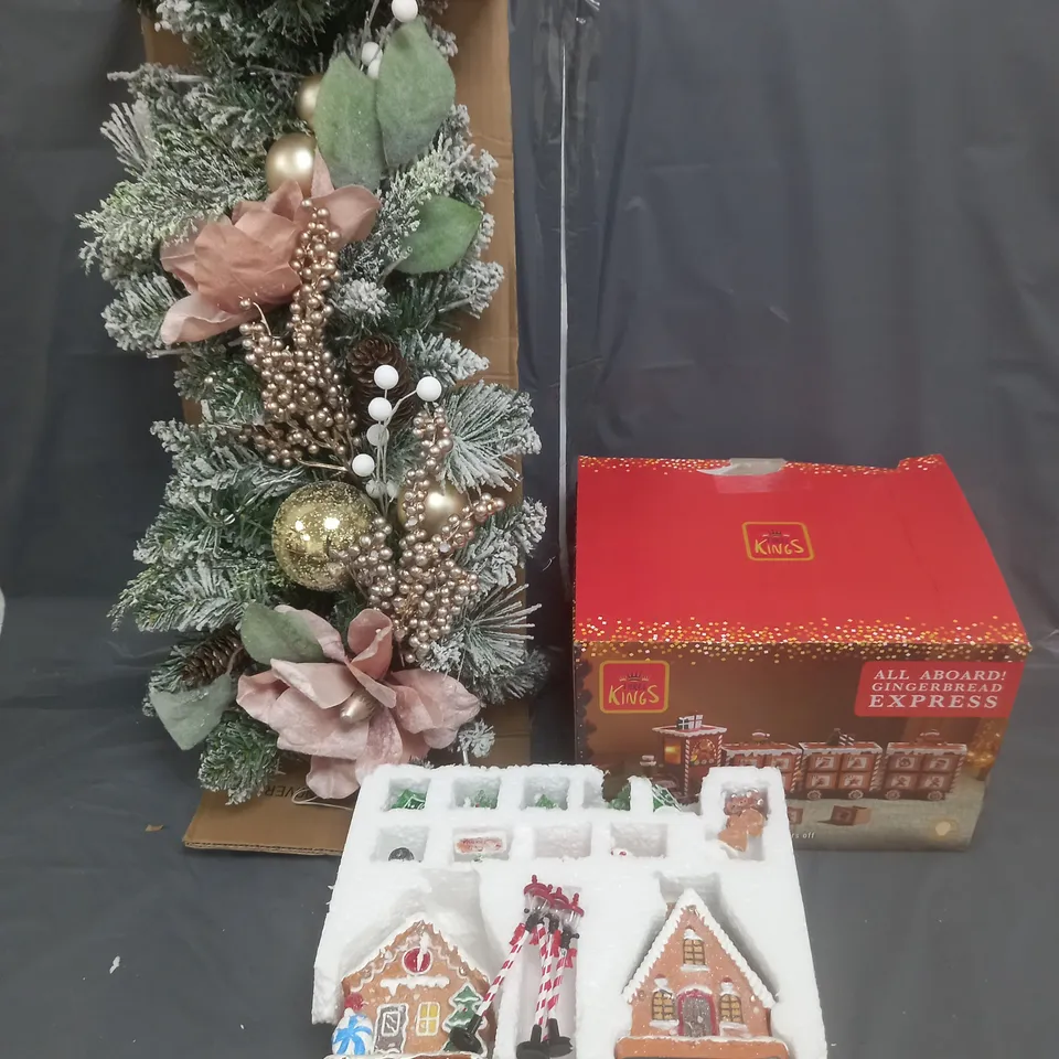 BOX OF APPROXIMATELY 5 ASSORTED CHRISTMAS DECORATIONS TO INCLUDE - FROSTED ROSE TEARDROP GARLAND - CHRISTMAS CANDY SCENE - GINGERBREAD EXPRESS - ETC