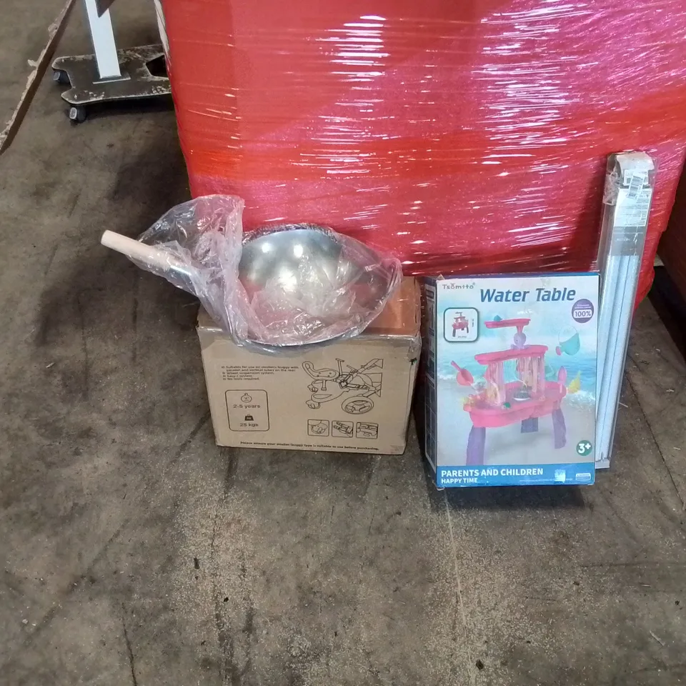 PALLET OF ASSORTED HOUSEHOLD GOODS AND PRODUCTS TO INCLUDE; ROLLER BLINDS,WATER TABLE TOY, WOK, CHILDREN'S TRICYCLE 