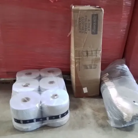 PALLET OF ASSORTED HOUSEHOLD PRODUCTS AND ITEMS TO INCLUDE; 4 TIER FOLDABLE CLOTHES HANGER,DOGBED,BLUEROLLS 