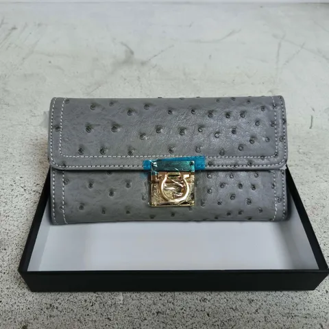 LA MAREY SIGNATURE GREY OSTRICH-TEXTURED LEATHER WALLET WITH GOLD-TONE CLASP – BOXED