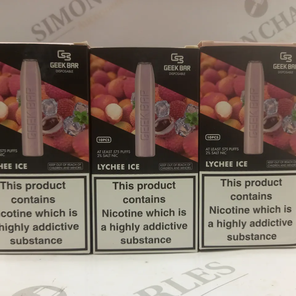 BOX OF APPROX 30 ASSORTED GEEKBAR LYCHEE ICE DISPOSABLE VAPES	