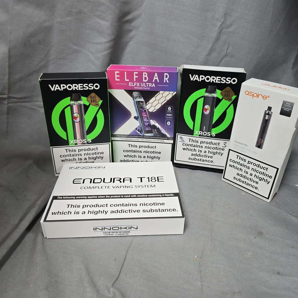 APPROXIMATELY 20 ASSORTED VAPE & E-CIGARETTE PRODUCTS TO INCLUDE BRANDS SUCH AS ASPIRE, VAPORESSO, ELFBAR, ETC