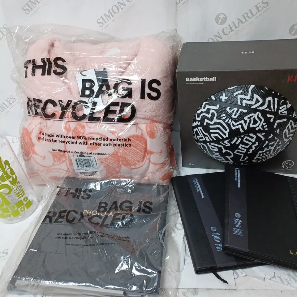 APPROXIMATELY 6 COTTON ON ITEMS INCLUDING BASKET BALL, THROW, NOTEBOOKS