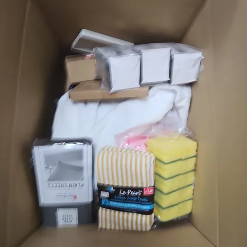 large box of approx 10 assorted household items to include tea towels, sponges and plain fitted sheets - collection only 