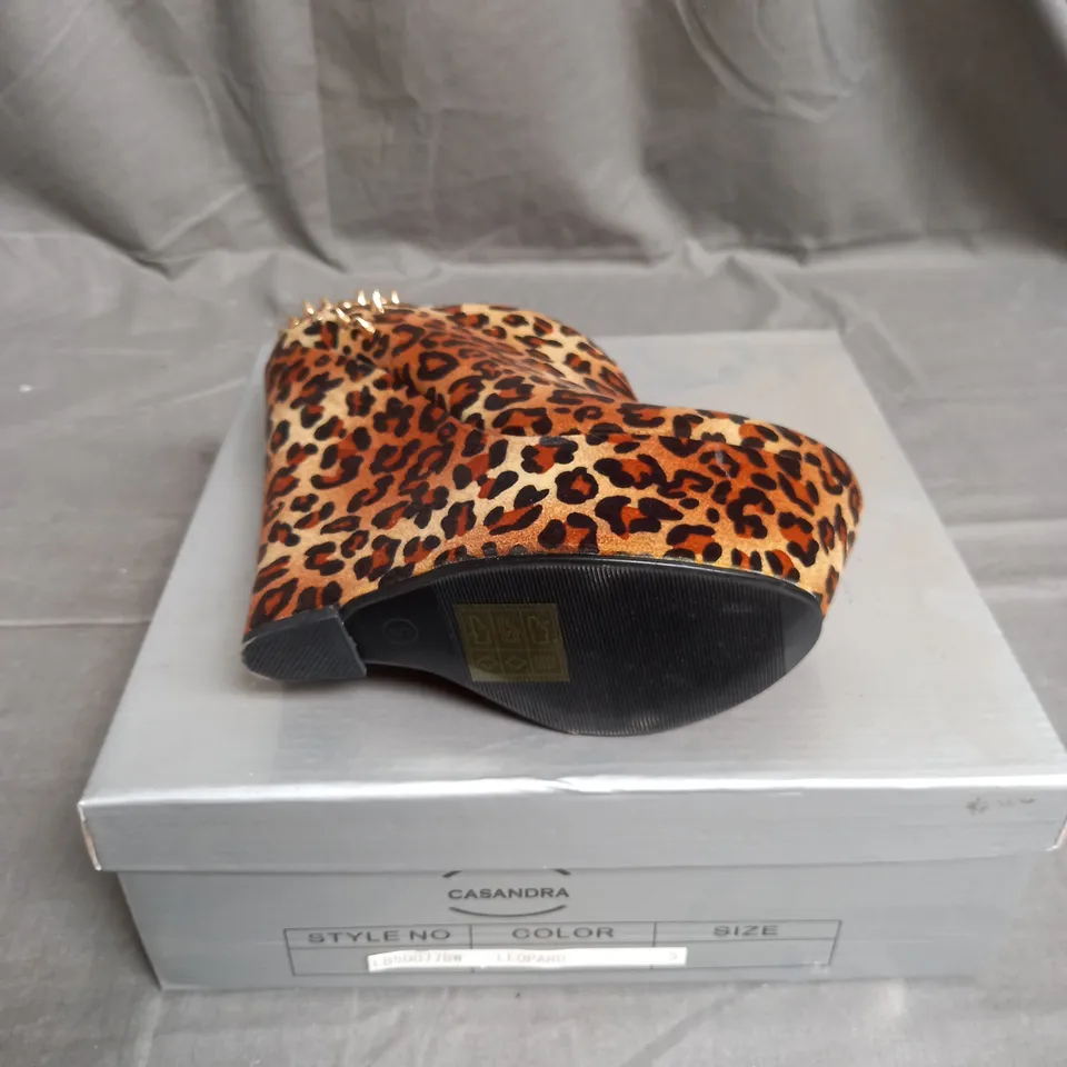 BOX OF 8 PAIRS OF CASSANDRA WEDGE ANKLE BOOTS IN LEOPARD WITH GOLD SPIKES - VARIOUS SIZES