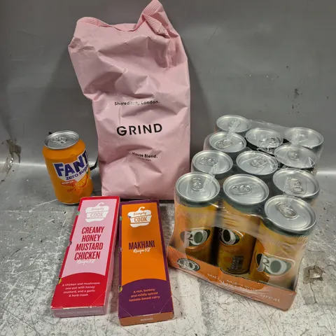 APPROXIMATELY 10 ASSORTED FOOD/DRINK PRODUCTS TO INCLUDE GRIND COFFEE, SIMPLY COOK KITS, J2O ETC