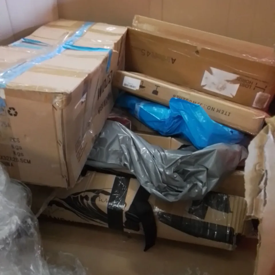 PALLET CONTAINING ASSORTED HOUSEHOLD & HOME IMPROVEMENT PRODUCTS. INCLUDES STAND-UP PADDLE BOARD, MATTRESS TOPPER, ASSORTED FURNITURE ETC