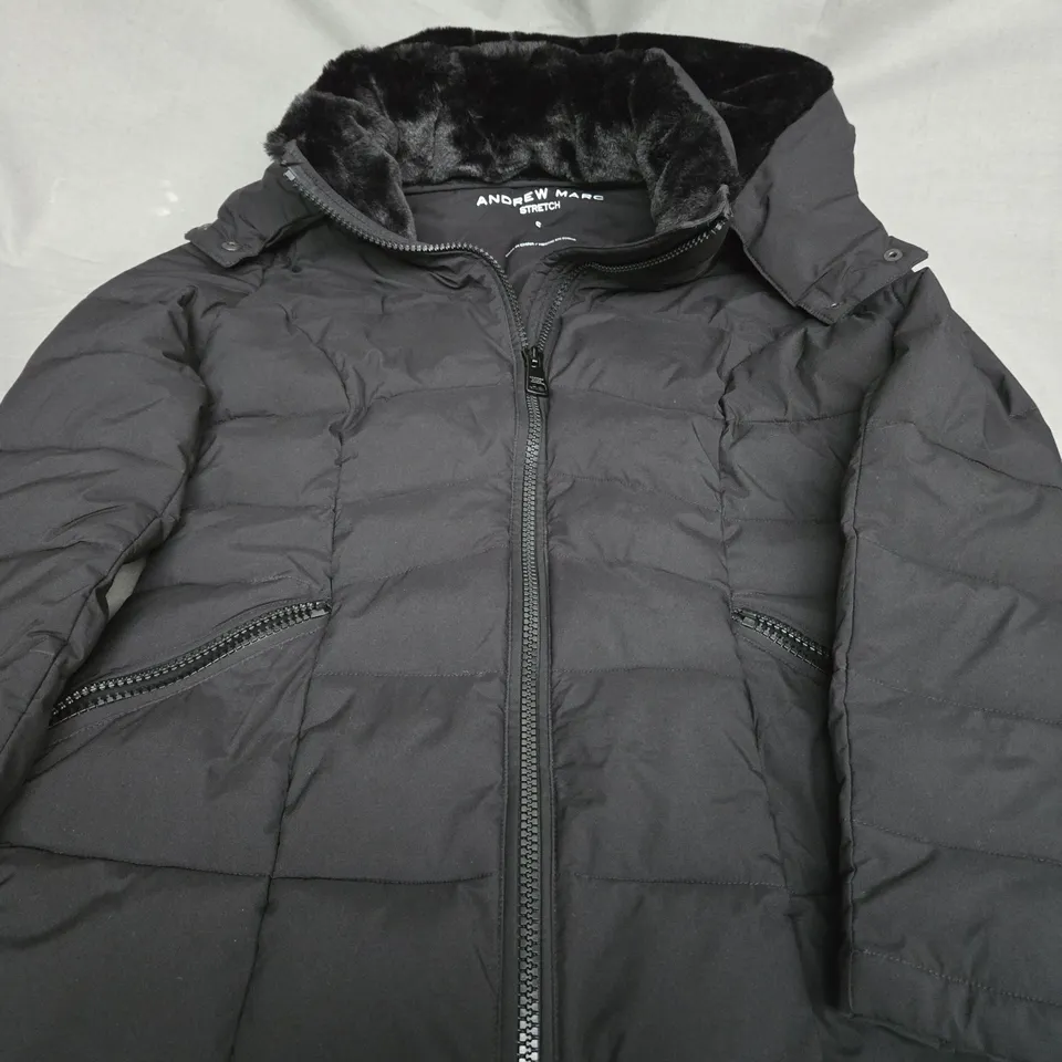 ANDREW MARC STRETCH BLACK PADDED JACKET WITH FUR HOOD - SMALL