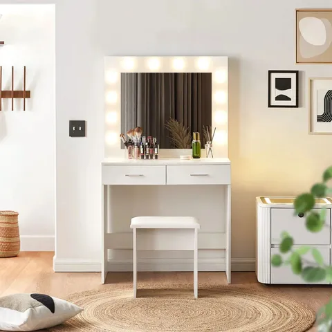 BOXED HOLLYWOOD WHITE DRESSING TABLE SET WITH LED LIGHTS