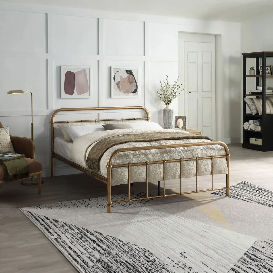 BOXED TEWIN ANTIQUE BRASS METAL SMALL DOUBLE BED FRAME (2 BOXES)