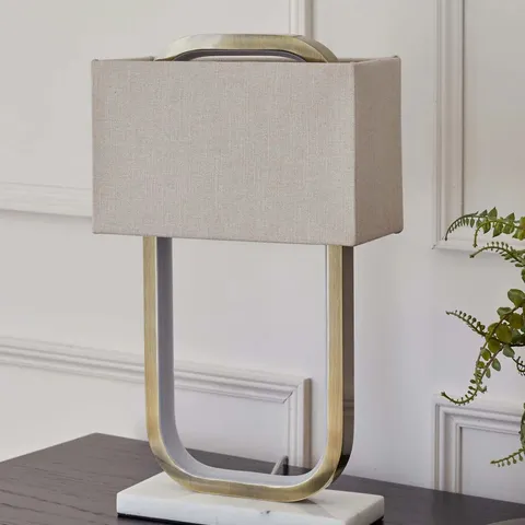 BOXED DANETTI SANZA BRUSHED BRASS TABLE LAMP WITH NATURAL LINEN SHADE