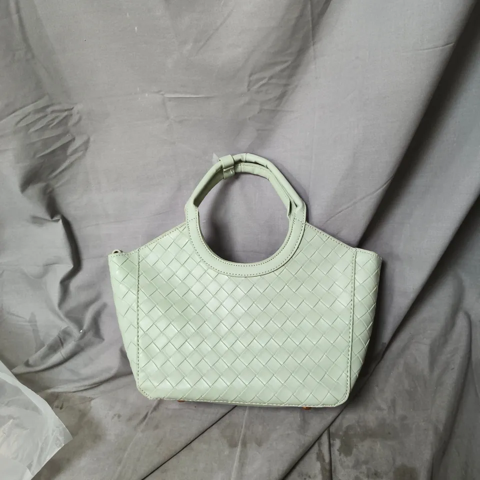 Mint green woven handbag with top handles 