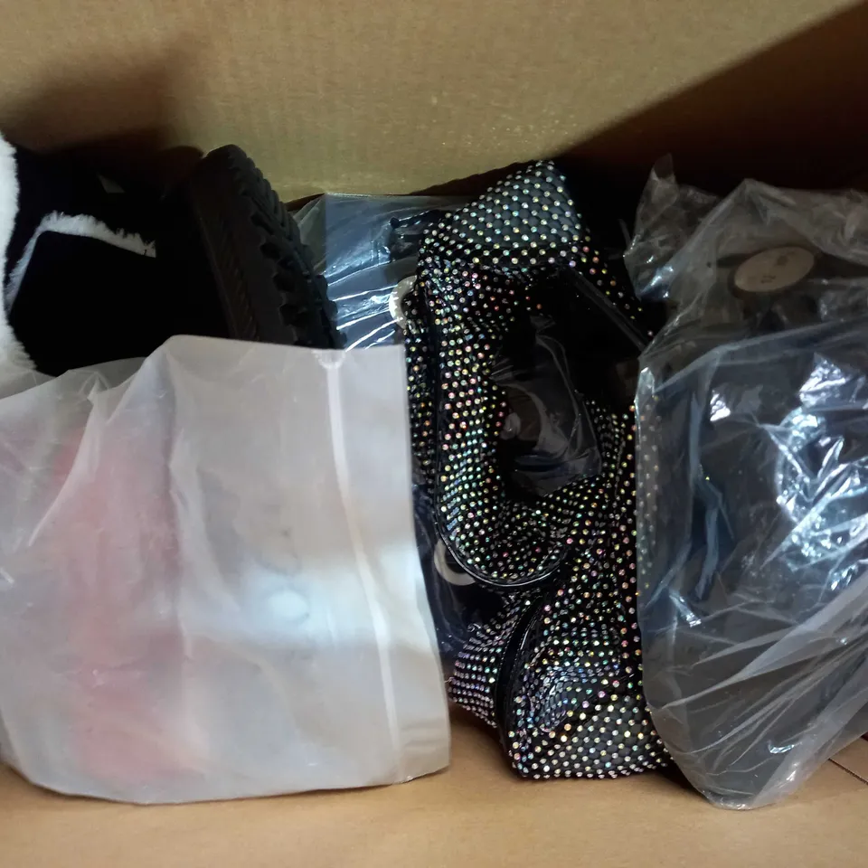 BOX OF APPROXIMATELY 10 ASSORTED PAIRS OF SHOES AND FOOTWEAR ITEMS IN VARIOUS STYLES, SIZES, AND COLOURS TO INCLUDE ASOS DESIGN, WALKMATES, M&S, ETC