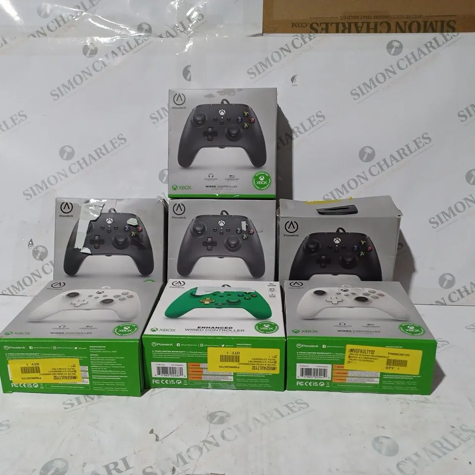 7 ASSORTED BOXED XBOX ONE WIRED CONTROLLERS IN VARIOUS COLOURS 