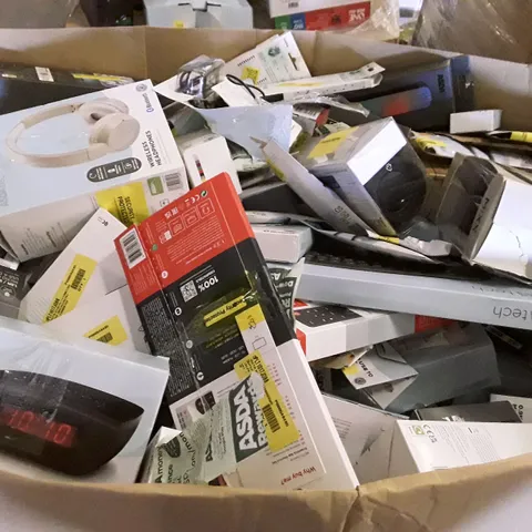 BOX OF ASSORTED ELECTRONIC PRODUCTS INCLUDING WIRLESS HEADPHONES, WIRLESS KEYBOARD, ALARM CLOCKS, UNIVERSAL REMOTES, BLUETOOTH SPEAKER