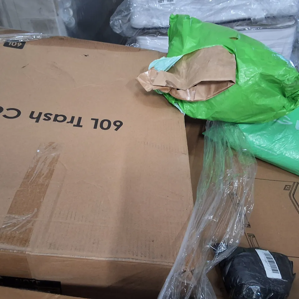 PALLET OF ASSORTED ITEMS TO INCLUDE MULTIPLE BOXED BINS, END TABLE AND DUMBELLS