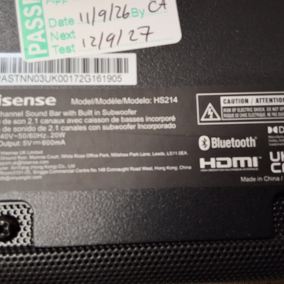 BOXED HISENSE 2.1-CHANNEL SOUND BAR WITH BUILT-IN SUBWOOFER HS214