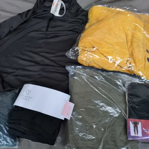 APPROXIMATELY 35 ASSORTED CLOTHING ITEMS IN VARIOUS SIZES, STYLES & COLOURS TO INCLUDE BRANDS SUCH AS PRIMARK, DECATHLON, CHERRY BLOSSOM, ETC - COLLECTION ONLY