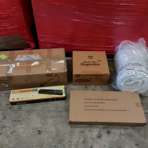 PALLET OF ASSORTED ITEMS INCLUDING: DRYWALL SANDER, SHOE BENCH RACK, BEDDING, A3 LAMINATOR, MULTI TIER ORGANISER