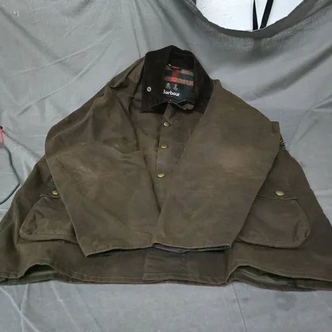 BARBOUR WAXED JACKET – OLIVE GREEN, CORDUROY COLLAR, SIZE UK L