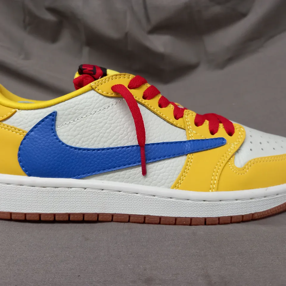 BOXED PAIR OF NIKE AIR JORDAN SHOES IN YELLOW/SAIL/BLUE UK SIZE 6
