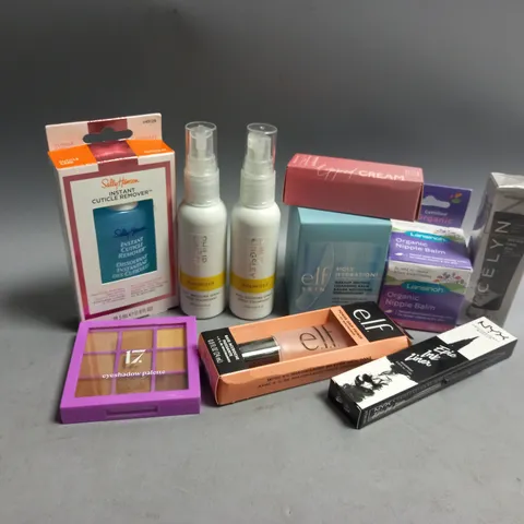 APPROXIMATELY 10 ASSORTED HEALTH AND BEAUTY PRODUCTS TO INCLUDE SALLY HANSEN INSTANT CUTICLE REMOVER, ELF HOLY HYDRATION MAKEUP MELTING CLEANSING BALM, CELYN TEMPORARY EYE TIGHTENER
