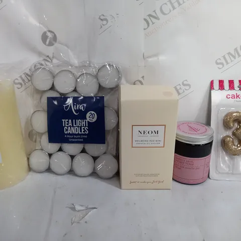 BOX OF APPROXIMATELY 9ASSORTED ITEMS TO INCLUDE - 20 TEA LIGHTS - CAKE CANDLE 30 FOR BIRTHDAY - WINTER CANDLE ECT
