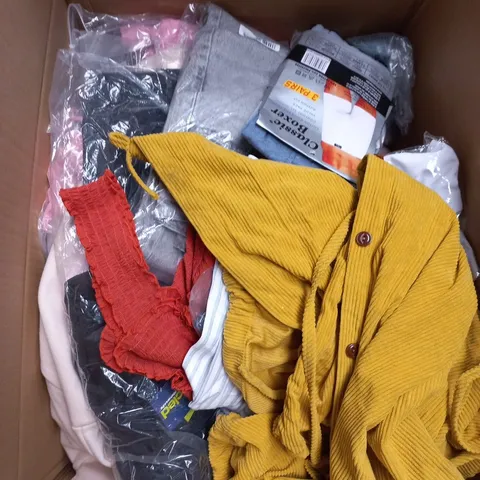 LARGE BOX OF APPROXIMATELY 25 ASSORTED CLOTHING ITEMS IN VARIOUS COLOURS, STYLES AND SIZES - COLLECTION ONLY