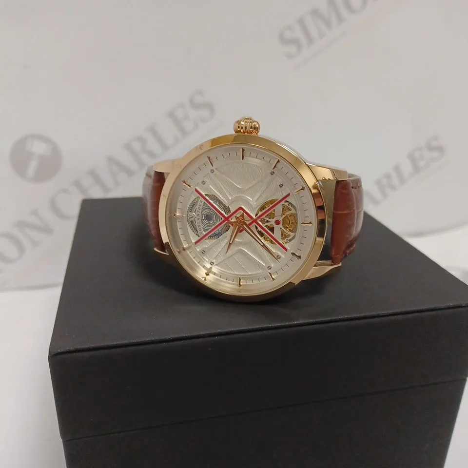 VONLANTHEN MENS AUTOMATIC WATCH - SILVER AND RED TEXTURED DIAL - ROSE GOLD CASE - LEATHER STRAP - DISPLAY BOX