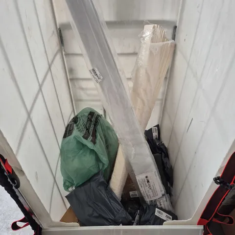 CAGE OF APPROXIMATELY 15 ASSORTED HOUSEHOLD AND CLOTHING ITEMS TO INCLUDE FLYMO BLADES , DECATHLON RUNNING TROUSERS , HOODRICH TANK TOP , ETC - COLLECTION ONLY