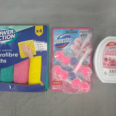 APPROXIMATELY 10 ASSORTED HOUSEHOLD ITEMS TO INCLUDE GEL AIR-FRESHENER, MICROFIBRE CLOTHS, ETC