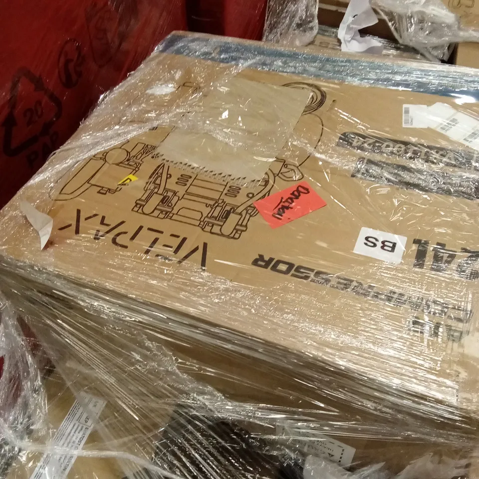 PALLET OF ASSORTED HOUSEHOLD GOODS AND PRODUCTS TO INCLUDE; AIR COMPRESSORS, BOXED FURNITURE ETC