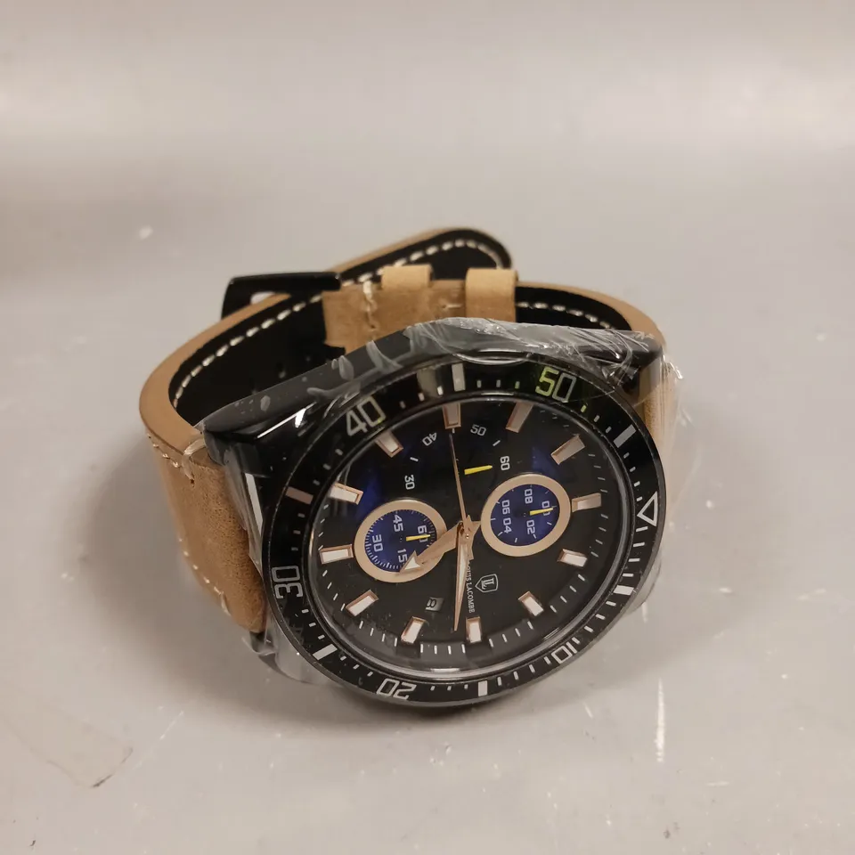 MENS LOUIS LACOMBE CHRONGRAPH WATCH – 3 SUB DIALS – BLACK CASE – LEATHER STRAP