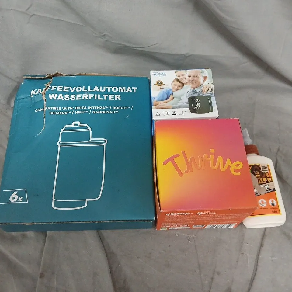 APPROXIMATELY 10 ASSORTED HOUSEHOLD ITEMS TO INCLUDE TISSUES, GORILLA GLUE AND WRIST ELECTRONIC SPHYGMOMANOMETER