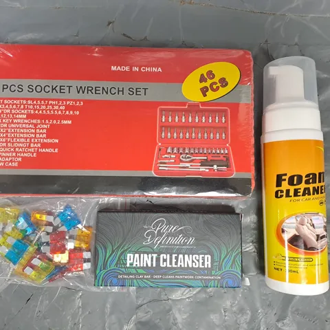 APPROXIMATELY 10 ASSORTED CAR PARTS AND ACCESSORY ITEMS TO INCLUDE FOAM CLEANER, PAINT CLEANSER, 46 PIECE SOCKET WRENCH SET, ETC