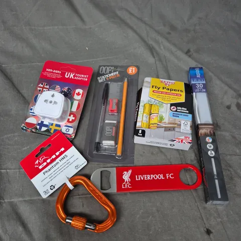 APPROXIMATELY 20 ASSORTED HOUSEHOLD PRODUCTS TO INCLUDE PLUG ADAPTER, STATIONARY, FLY PAPER ETC 