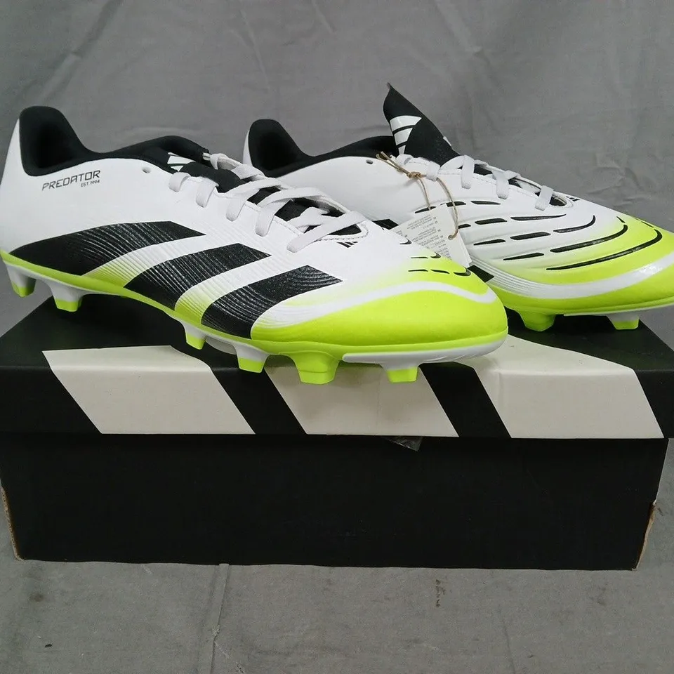 BOXED PAIR OF ADIDAS PREDATOR CLUB FOOTBALL BOOTS IN WHITE/BLACK/LIME SIZE UK 12