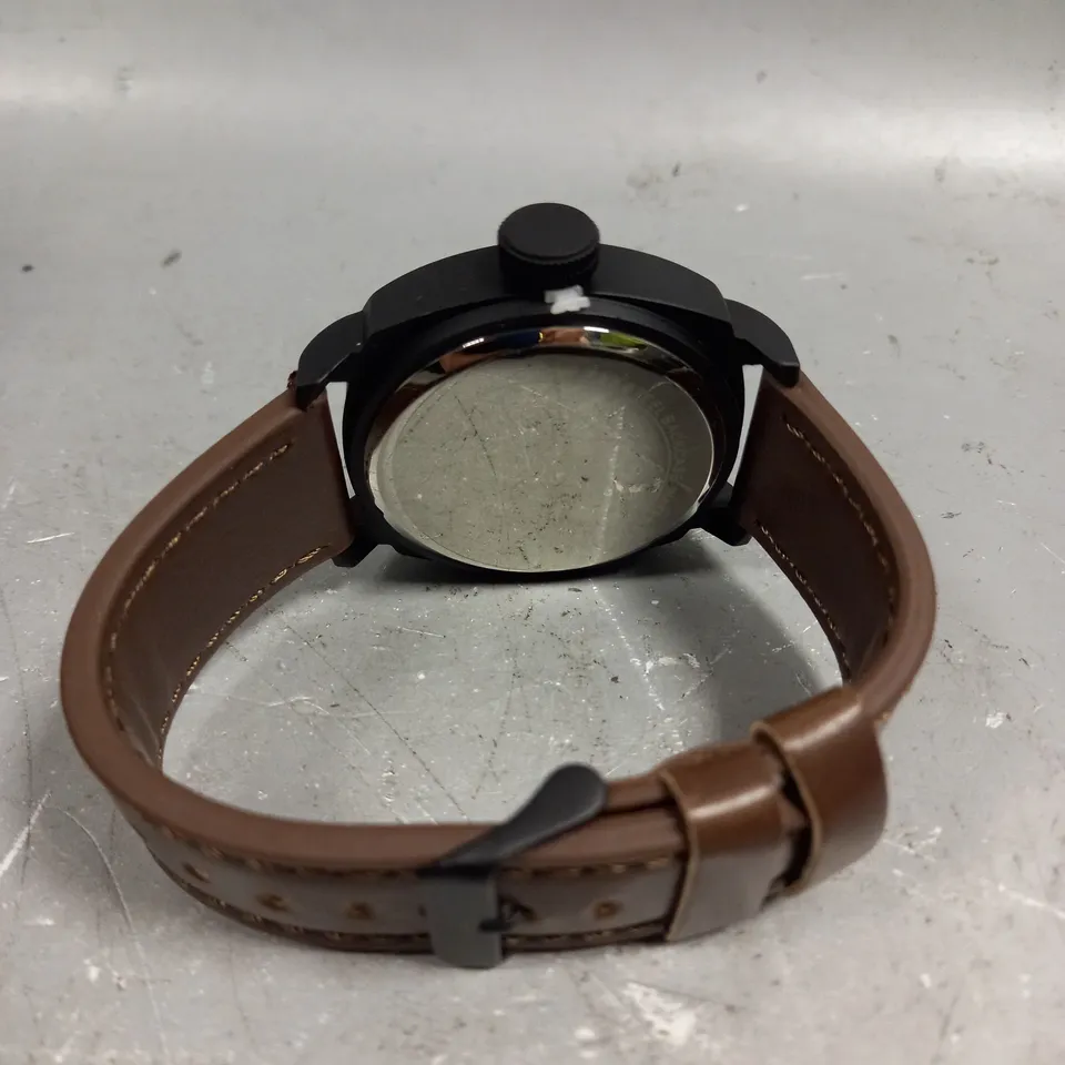 MENS FRANK SCHMIDT WATCH – LARGE BLACK CASE – BLACK PILOT DIAL – BROWN LEATHER STRAP – 3ATM WATER RESISTANT