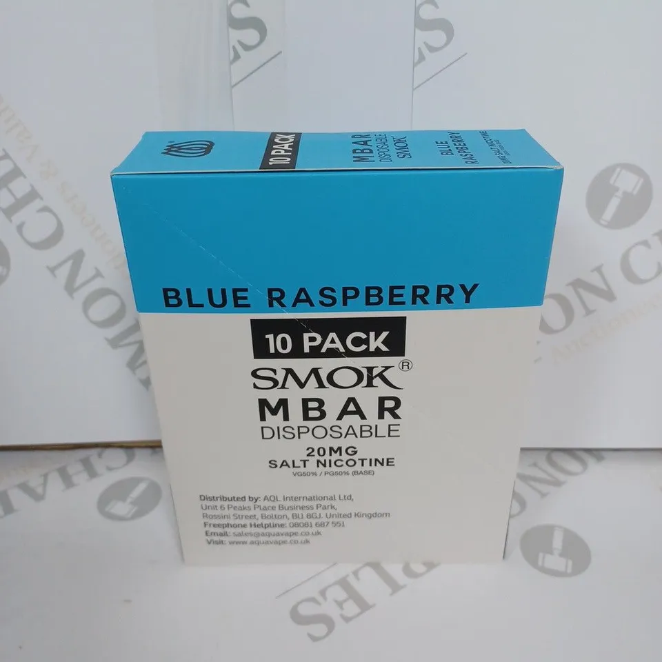 BOX OF APPROXIMATELY 10 BOXES OF BLUE RASPVERRY 10 PACK SMOK M BAR DISPOSABLE 20MG SALT NICOTINE